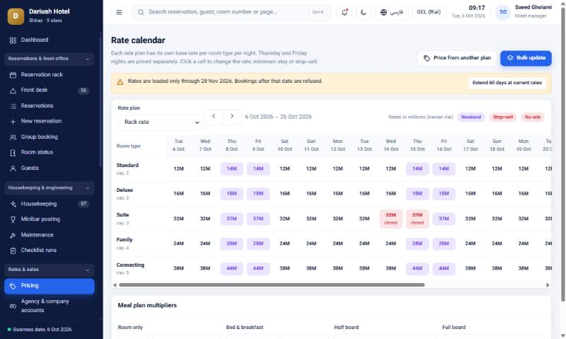 Pricing calendar with rate plans by room type and season
